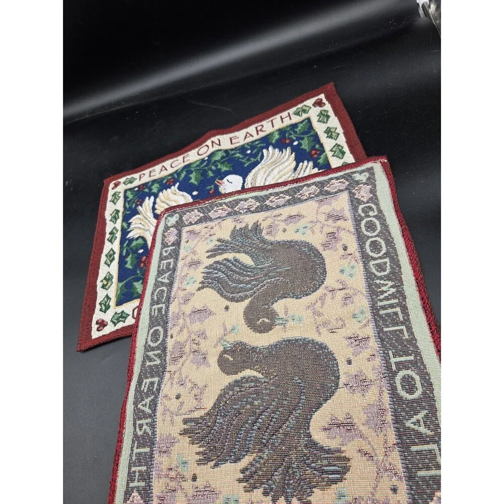 Vtg Christmas Tapestry Dove Peace On Earth Set Of 2 Placements Holiday Berry